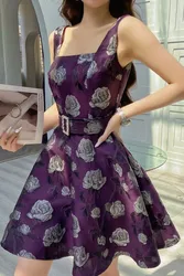 DABUWAWA Tienda Vestidos Elegantes Para Mujeres Jacquard Square Collar Dresses For Women Belt Ball Gown Skirt Y2K 원피스 DA1BDR083