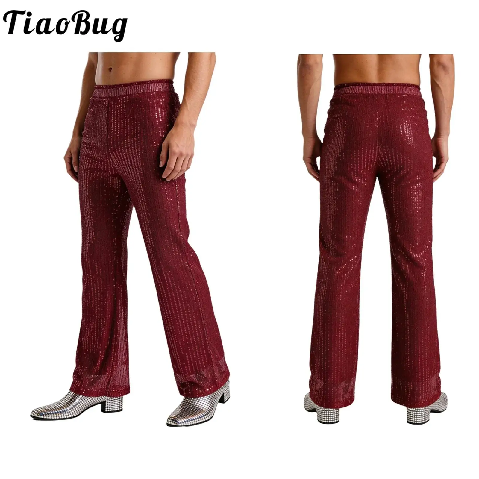 Men Fashion Shiny Dance Trousers Solid Color High Rise Fully Lining Loose Straight Pants for Club Raves Party Disco Dance Outfit