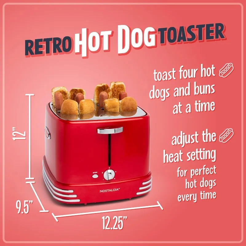 4-slot hot dog and bun toaster with mini clips, hot dog toaster for chicken, turkey, veggie sausage, sausage and bratwurst