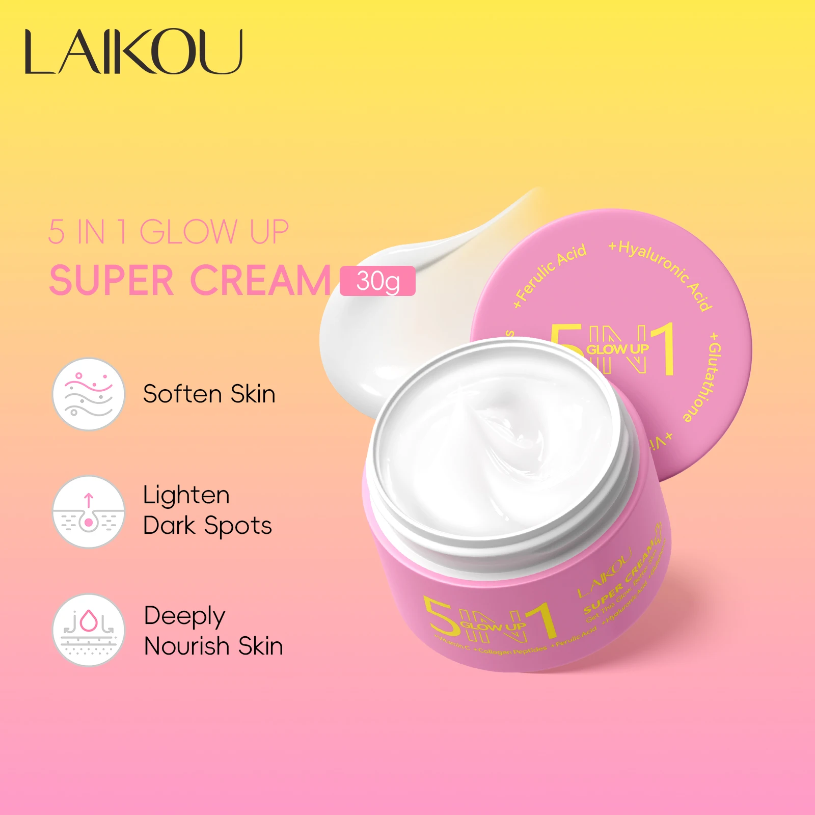 LAIKOU 5 IN 1 Glow Up Super Face Cream 30g, Deep Nourish Soften Skin Brightening Hydrating Moisturizer With Vitamin C Collagen