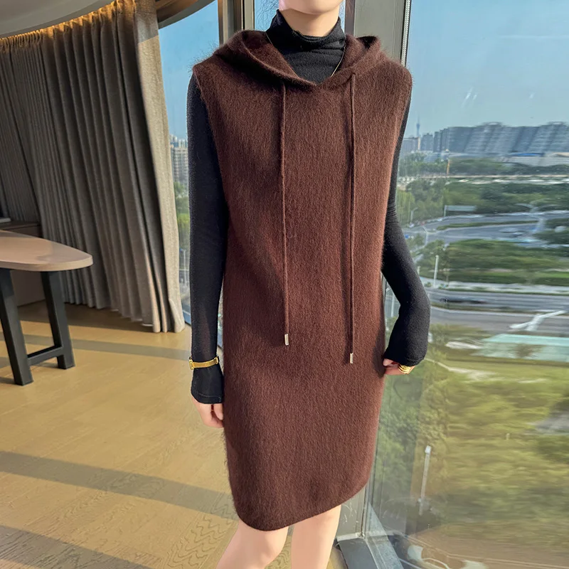 

Autumn and winter new hooded vest women's sleeveless sweater 100 mink cashmere warm and fashionable long style hoodie