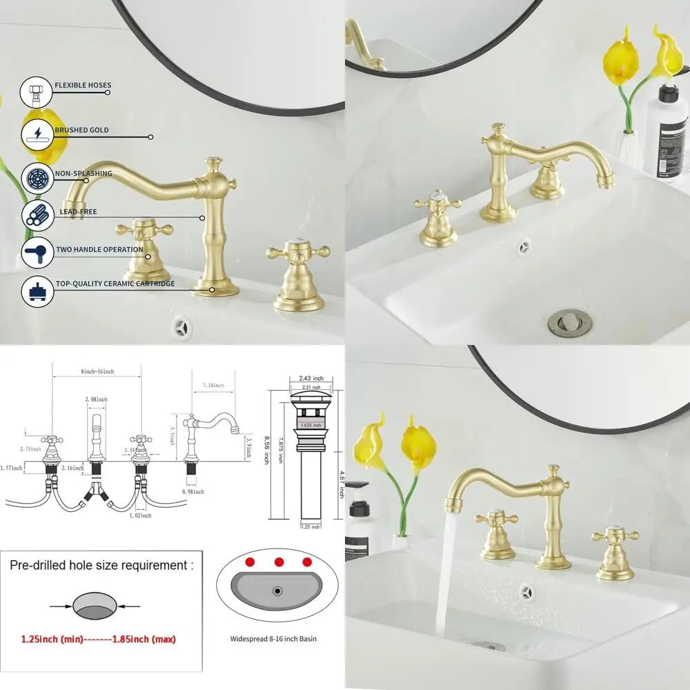 

Dual Handle Widespread Brushed Gold Bathroom Sink Faucet with 3 Holes and Pop-Up Drain
