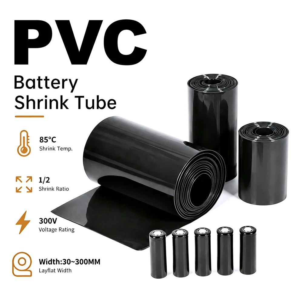 2/5/10M Black PVC Heat Shrink Tubing Width30-300mm18650 battery packaging is soft and resistant to bending Waterproof protection