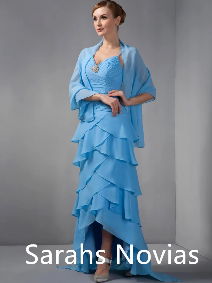 Vestido de Chiffon Ruched para a mãe da noiva, azul alto baixo, envoltório xales, desgaste formal para casamento, tamanho grande