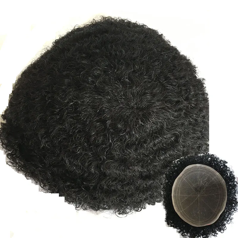 Ludzkie włosy Afro perwersyjne kręcone męski tupecik peruki 360 falowane włosy francja pełna peruka koronkowa dla afroamerykanów 10x8 rozmiar bazowy 1B
