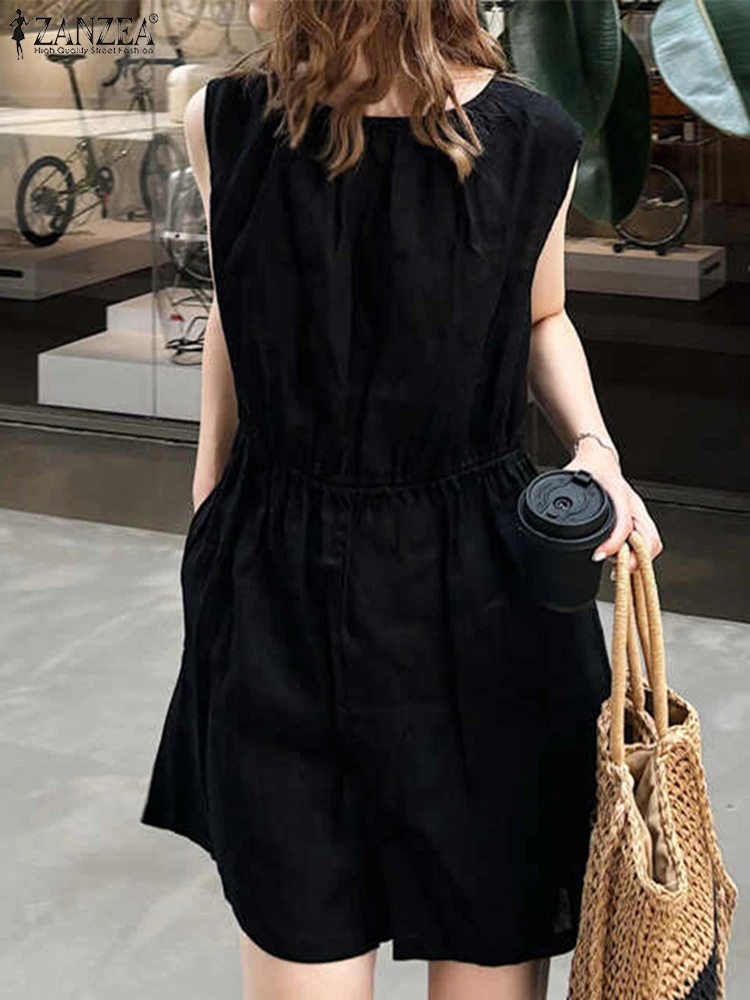 

2025 ZANZEA Summer Rompers Women Solid Work OL Overalls Jumpsuits Casual Sleeveless Elastic Waist Playsuits Loose Wide Leg Pant