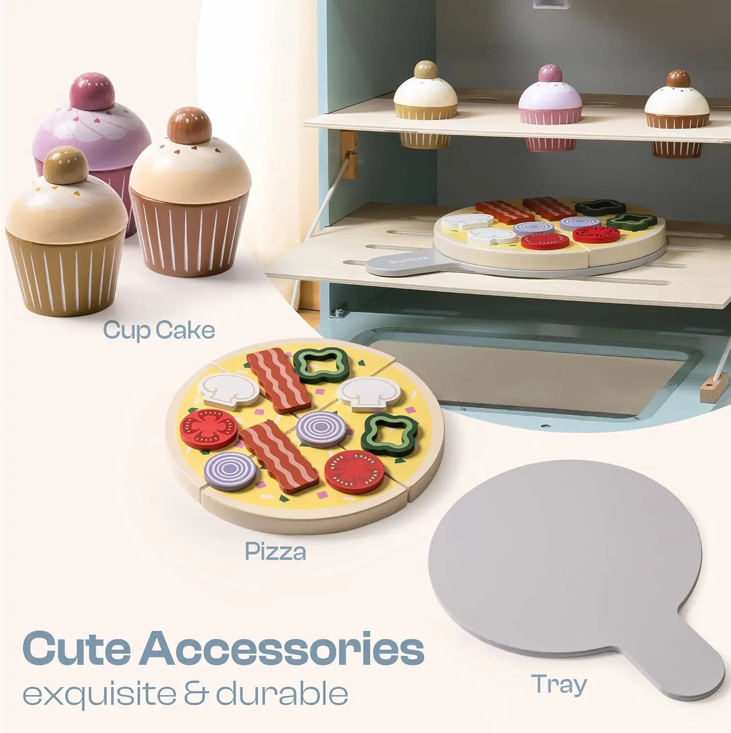 Juego de horno de cocina de madera, juego de simulación Montessori, accesorios de cocina con Pizza y Cupcakes, juguetes de comida, Pizza de madera Ove