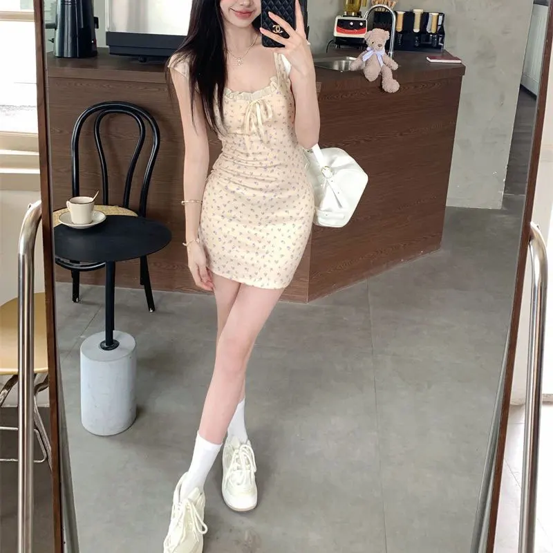 Sweet Gentle Broken Flowers Slim Mini Dress Female Clothing French Style Summer O-Neck Fashion Drawstring Waist Bag Hip Dresses