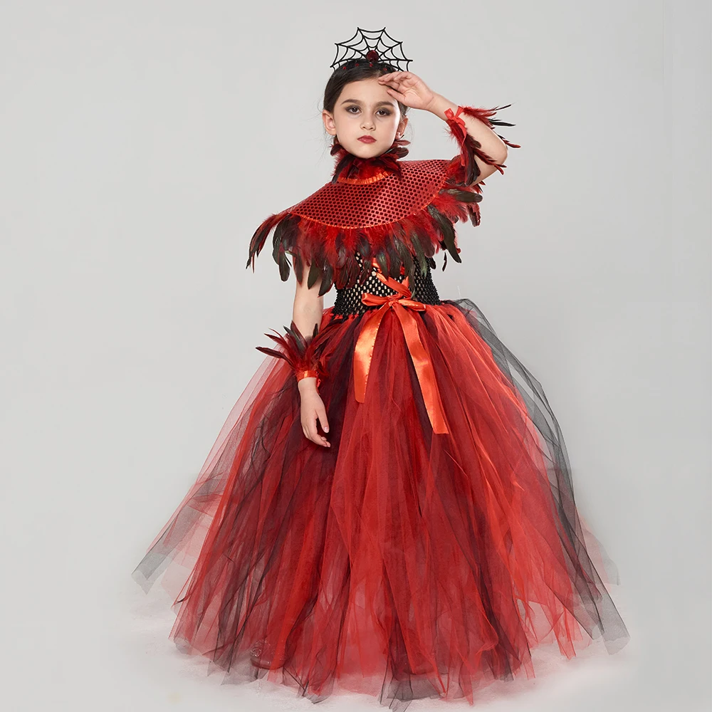 Girls Royal Vampire Costume for Kids Gothic Queen Halloween Dress Up Clothing Fancy Gown Tutu Dress with Feather Sequin Shawl