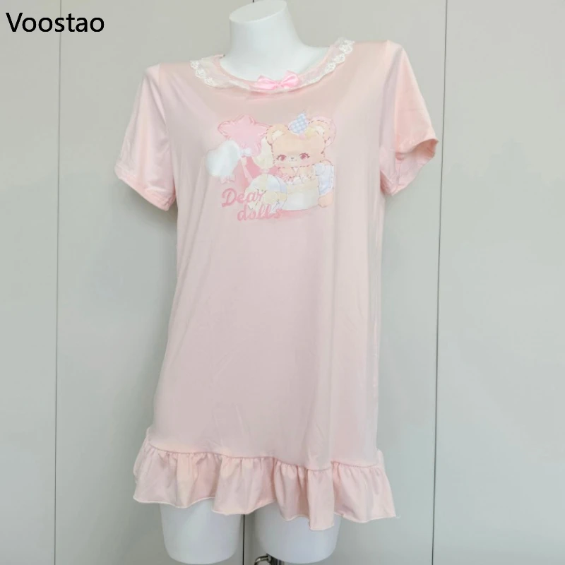 Rosa süßer Bär drucken Lolita Pyjama Mädchen y2k ästhetische Spitze Rüschen O-Ausschnitt Bogen Nachthemden Mini kleid Frauen Kawaii Schlaf hemden