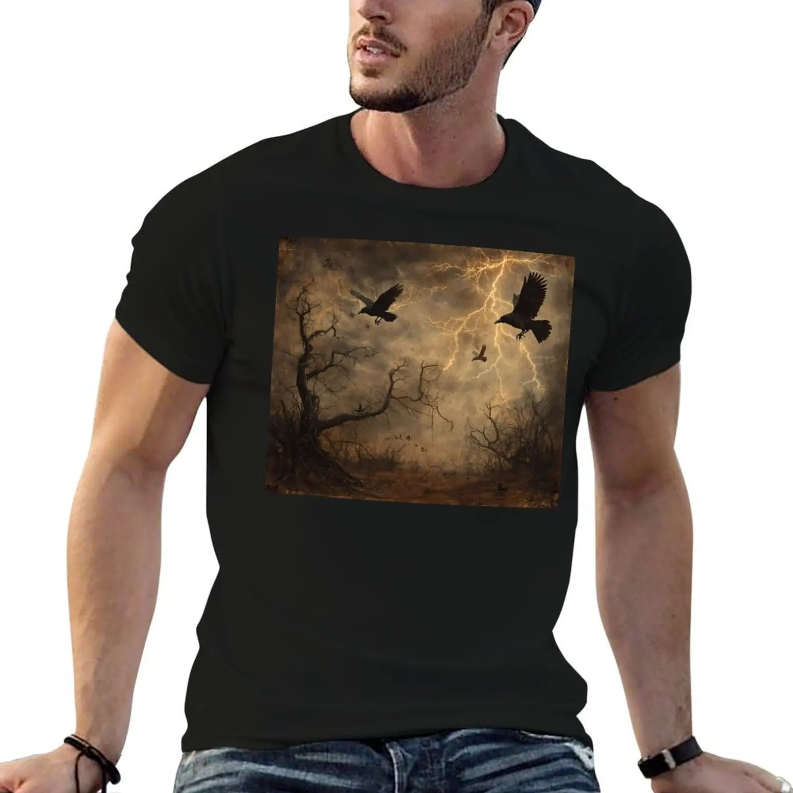 Vintage Washed Crows Flying Through a Stormy Sky Over a Barren Landscape - Halloween Core T-Shirt