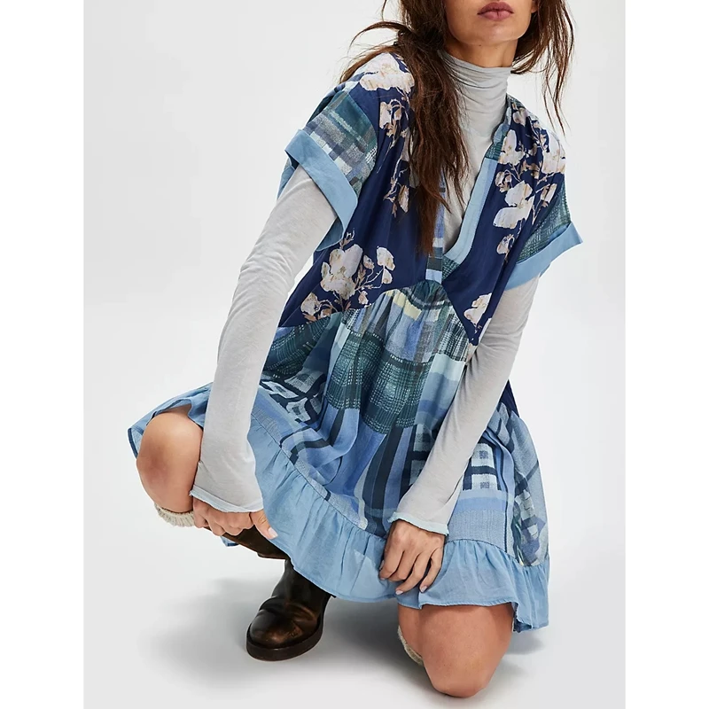 Minivestido Babydoll floral bohemio para mujer Y2k, manga abombada, volantes, dobladillo fluido, pantalón corto informal, lindo vestido veraniego de retazos con cuello en V de verano