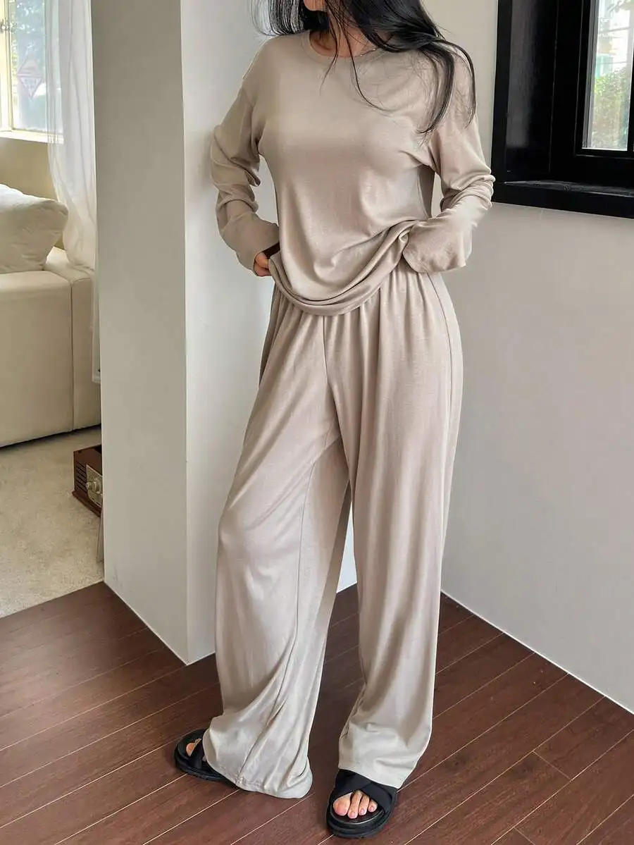 

Simple Loose Solid Color Long Sleeve Top And Pants Lounge Set Cozy Fall Winter Outfit