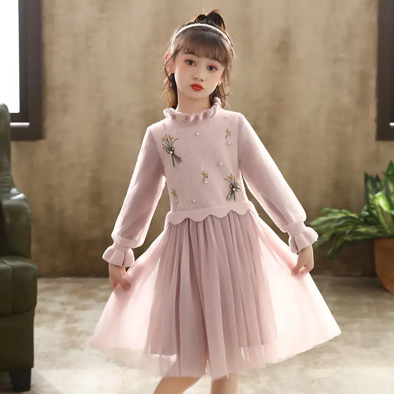 

Girls' Dress Autumn Winter New Fleece Knitted Sweater Dress Children's Fashion Princess Dress Spring Dress Hem