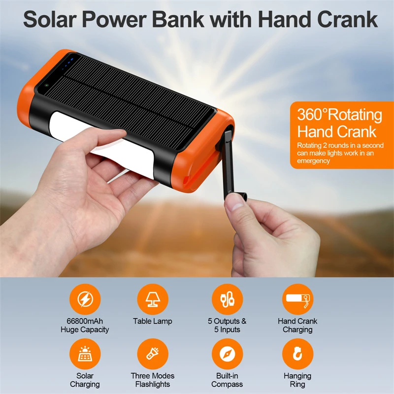 

20000mAh Hand Crank Solar Power Bank with Cable Camping Light Portable Charger Powerbank for iPhone 16 Samsung External Battery
