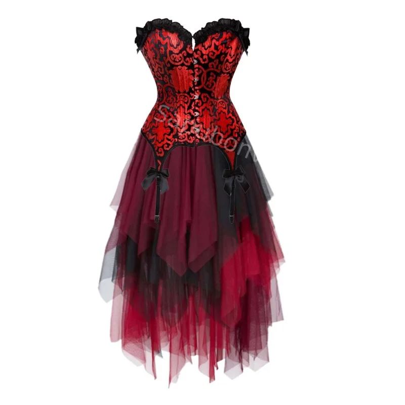 

Corset Dress Costume long skirt Set With Lace Bustier Costume Party steampunk Sexy Ladies Outfit Plus Size Gothic Halloween Red