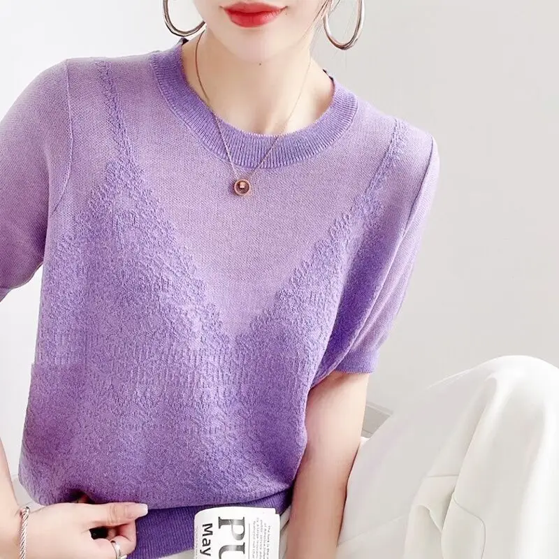 Vrouwen Shirt Koreaanse Gebreide Ronde Kraag Chic Korte Mouw Vrouwelijke Blouse Zomer Retro Slanke Alle Match Dames Solid Tops Z280