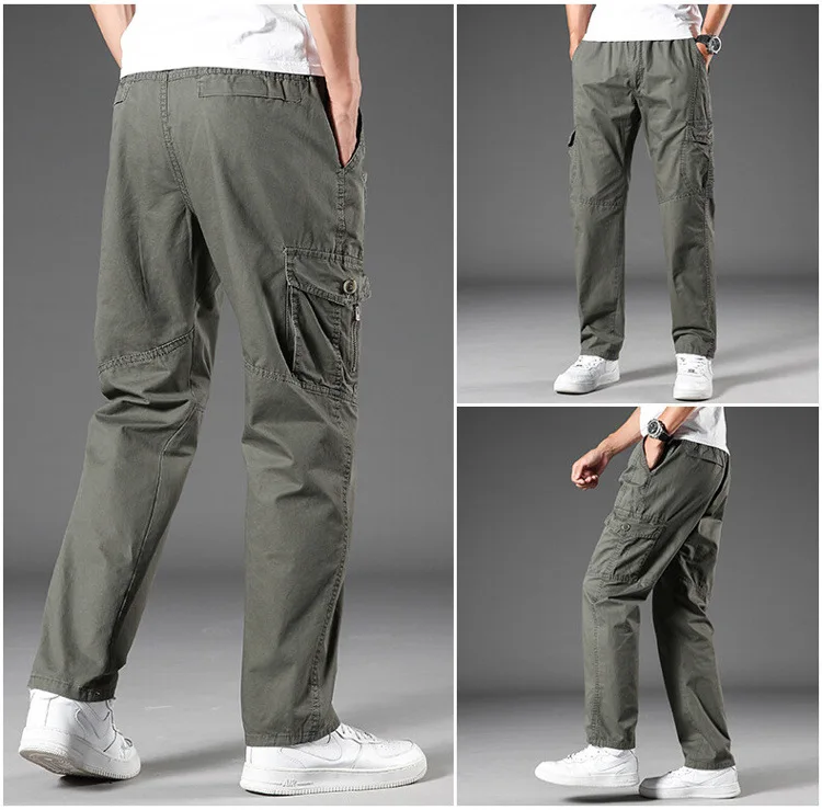 Pantalones Cargo holgados para hombre, ropa de trabajo versátil, de algodón, informal, varios bolsillos, color caqui sólido, talla grande, novedad