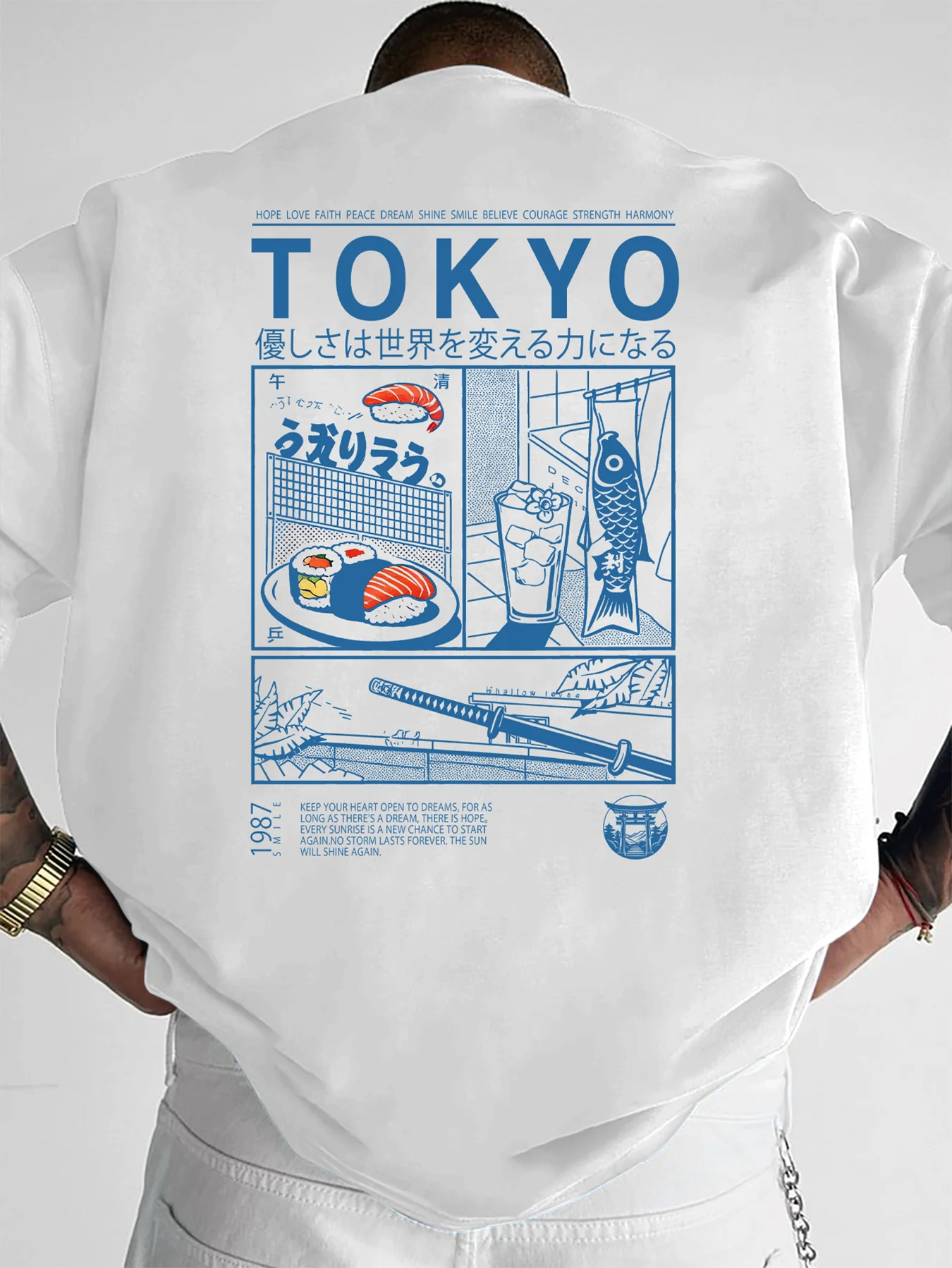 Camiseta masculina com estampa de comida de rua de sushi de Tóquio, 100% algodão macio premium, perfeita para o verão, estilo casual urbano
