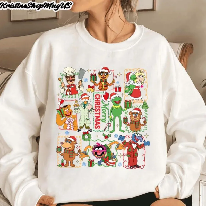 Puppetry Christmas Carol Friends PNG, Kermit Little Pig Miss Sublimation Autunno e inverno Nuova felpa con cappuccio unisex alla moda casual