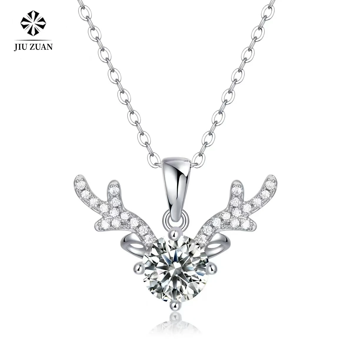 

JIUZUAN 1CT D Color Moissanite Antler Pendant Necklace 925 Sterling Sliver Chain Plated 18k White Gold Fine Necklace for Women