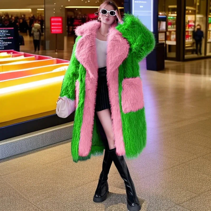 Lady Greed Pink Faux Fur Coat Lapel Loose Shaggy Outerwear Female Streetwear Women\'s Winter Long Jacket Performance Costume