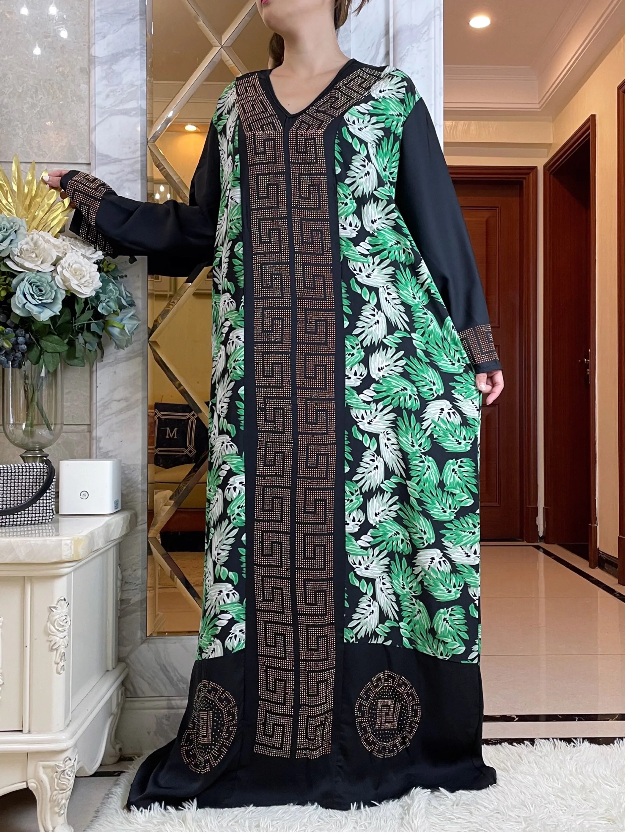 2023African Dresses For Women Autumn  Long Sleeve V-neck With Belt and Scarf  Abaya Robe Ramadan Prayer Diamonds Islamic Clothes