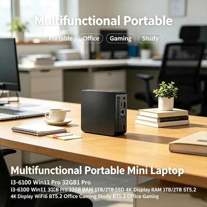 Mini Laptop Multifuncional Portátil I3-6100 con Windows 11 Pro, 32GB de RAM, SSD de 1TB/2TB, Pantalla 4K, WiFi 6, Bluetooth 5.2, para Oficina, Juegos y Estudio