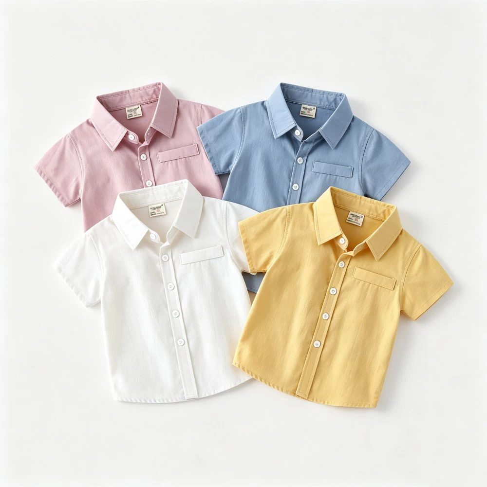 Kids Solid Color Short Sleeve Cotton Shirt Cotton Summer Casual Tops For Boys Girls Breathable Toddler Clothes With Chest Pocket