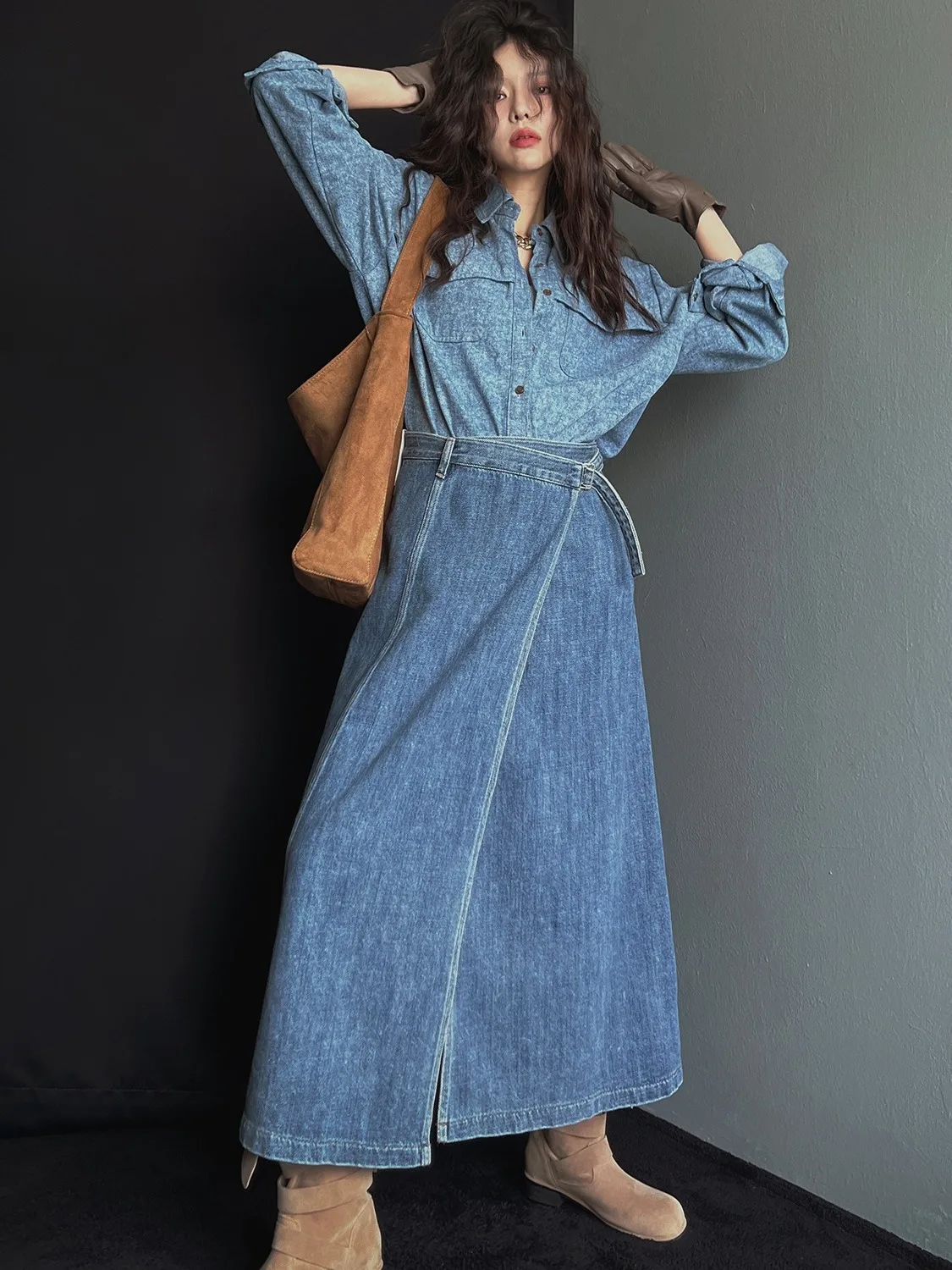 

Chic Autumn Casual Versatile Single Button Long Sve irt High Waist Asymmetrical Denim Skirt Set for Women
