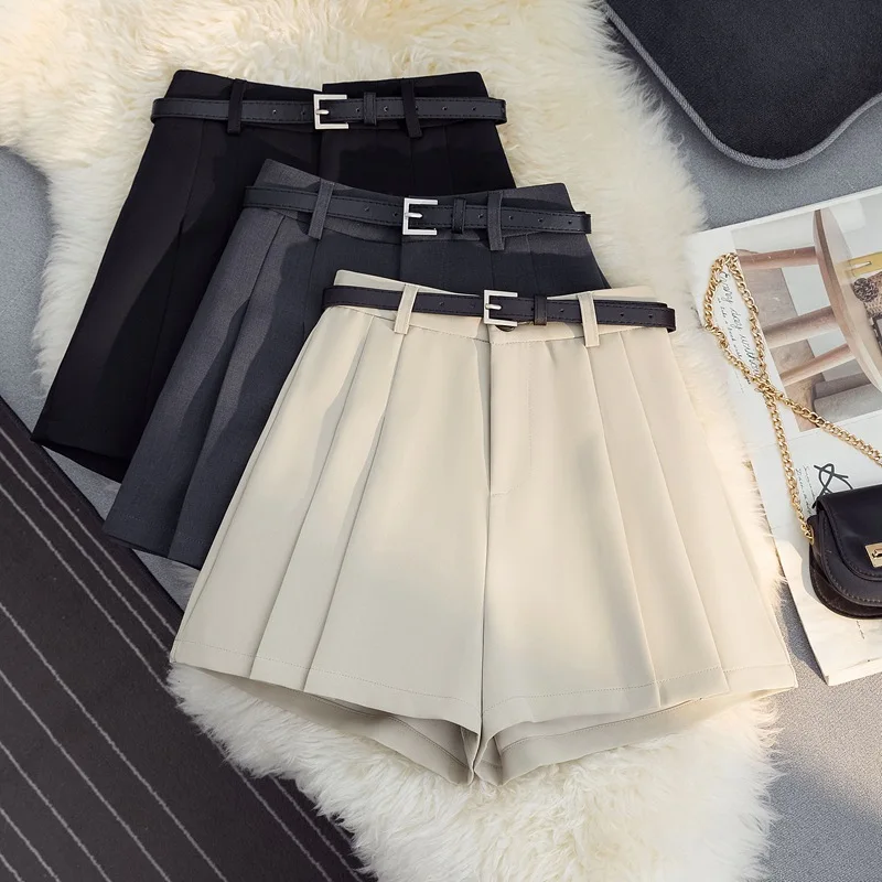 

2024 Elegant Solid Pleated Women Suit Shorts With Belt Summer High Waist Loose Wide Leg Pleated OL Office Lady Shorts Korea New