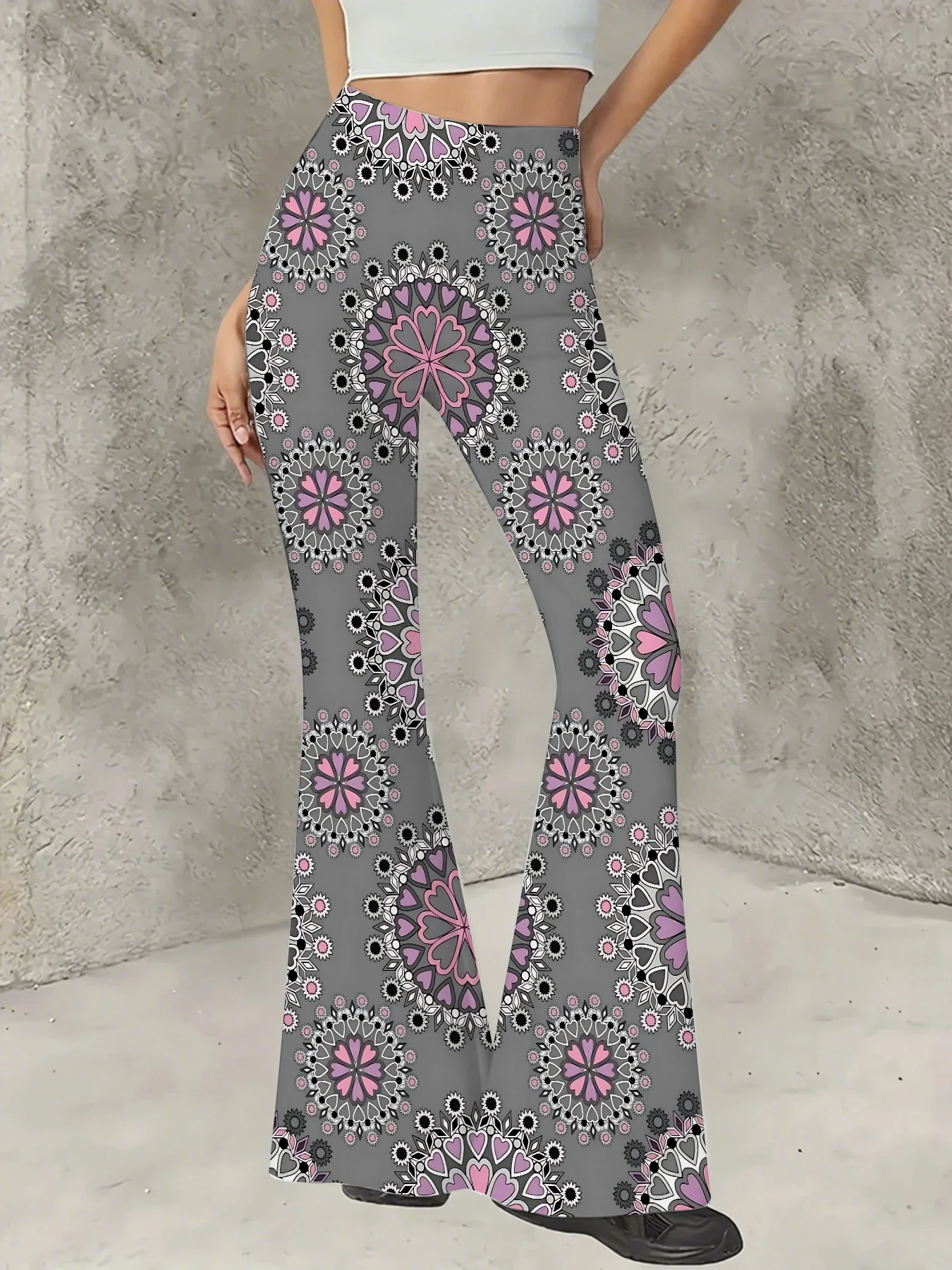 

Korean Style Printed Flare Pants Women High Waist Slim Fit Bell Bottom Leggings