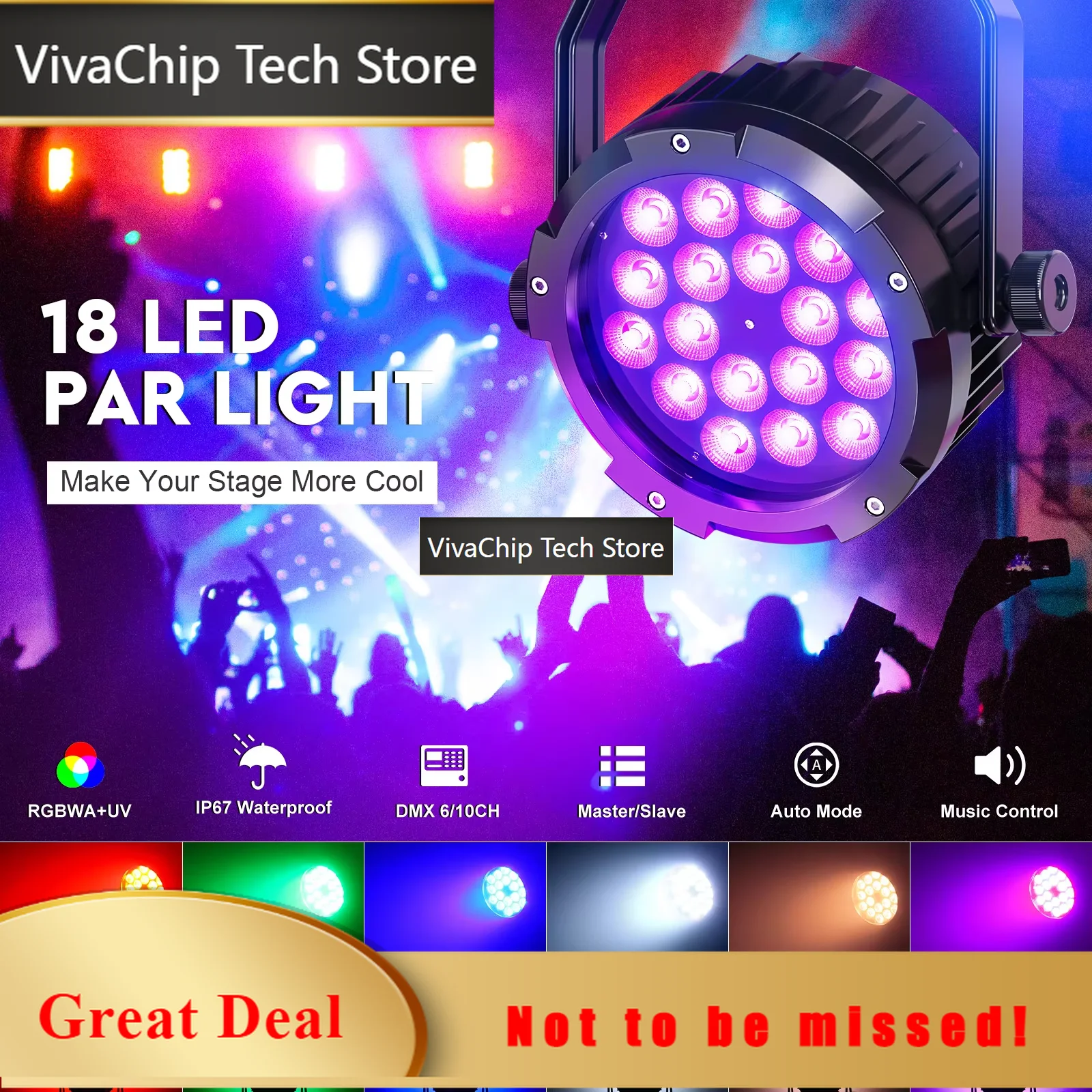 VivaCT4PCS 150W LED Par Light 18x10W RGBWA+UV Waterproof 6in1 18LED Fixture Beads Stage Light DMX512 DJ Light For Disco Dance