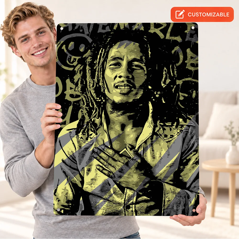 Bob Marley Portrait Textured Metal Poster Personalized Aluminum Sign Grunge Collage Wall Art For Record Store Listening Area