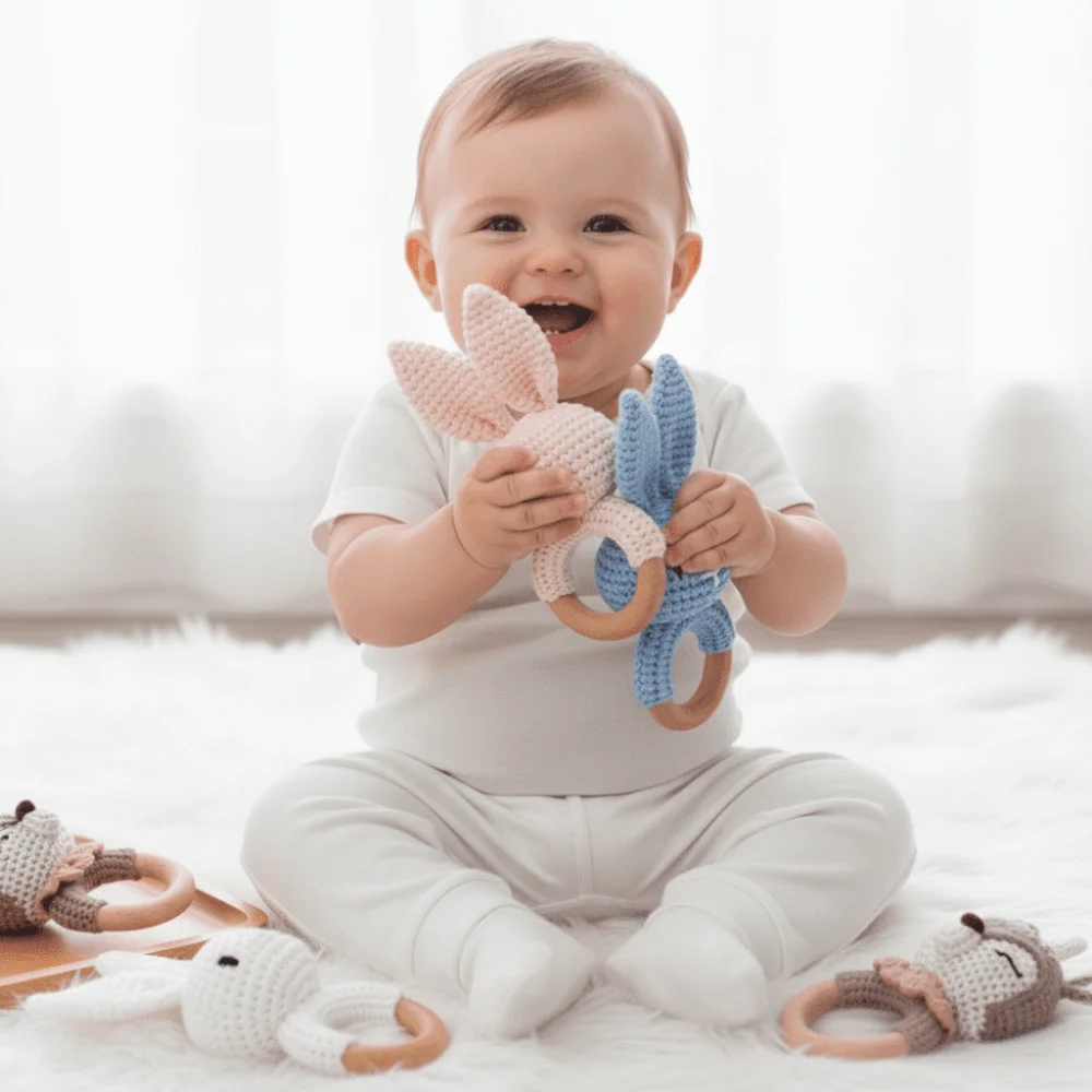 Legno Roditore Coniglio Bambino Crochet Sonaglio Morso Agganciato Giocattoli Morbidi BPA Giocattolo Libero Lavorato A Maglia Animale Del Fumetto Design Lenitivo