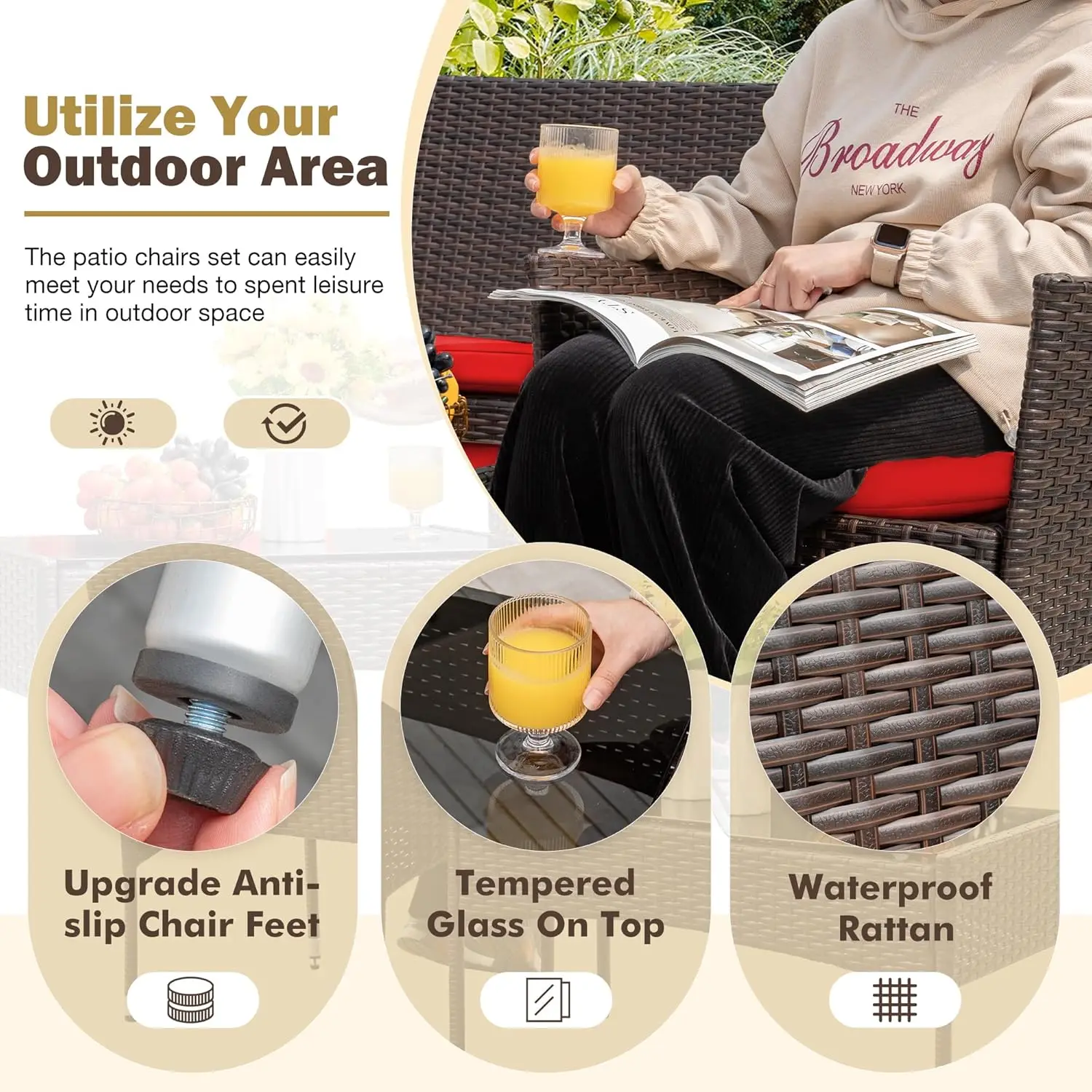 4 قطع من كرسي الفناء الروطان الخوص، للاستخدام الداخلي والخارجي في الفناء الخلفي والشرفة والحديقة بجانب حمام السباحة (أحمر)