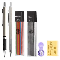Full Metal 2.0 mm Mechanical Pencils Leads Set for Art Drawing Painting Color 2B Automatic Pencils Office School Pens Supplies