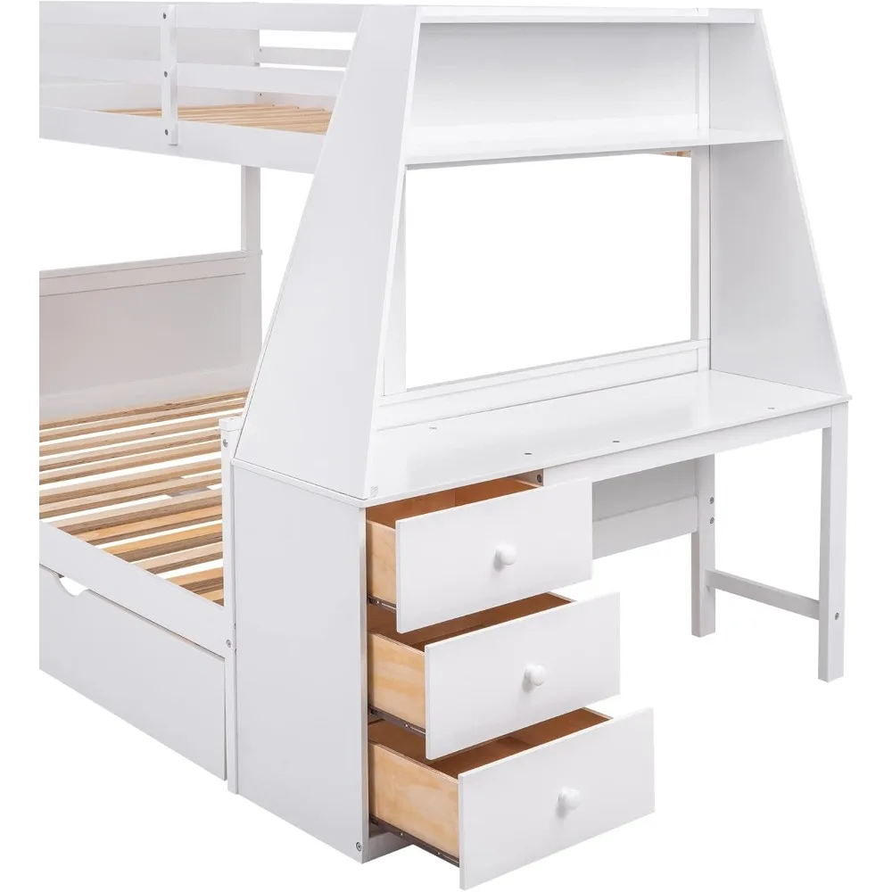 Twin/Full Size Bunk Bed with Trundle,Shelf and Built-in Desk,Three Storage Drawers,for Home,Dormitory,White