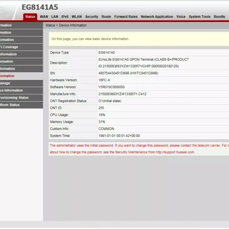 EG8141A5 GPON/XPON ONU ONT Fiber Optic Terminal 1GE + 3FE + 1tel + Wifi With English  Firmware Has The Same