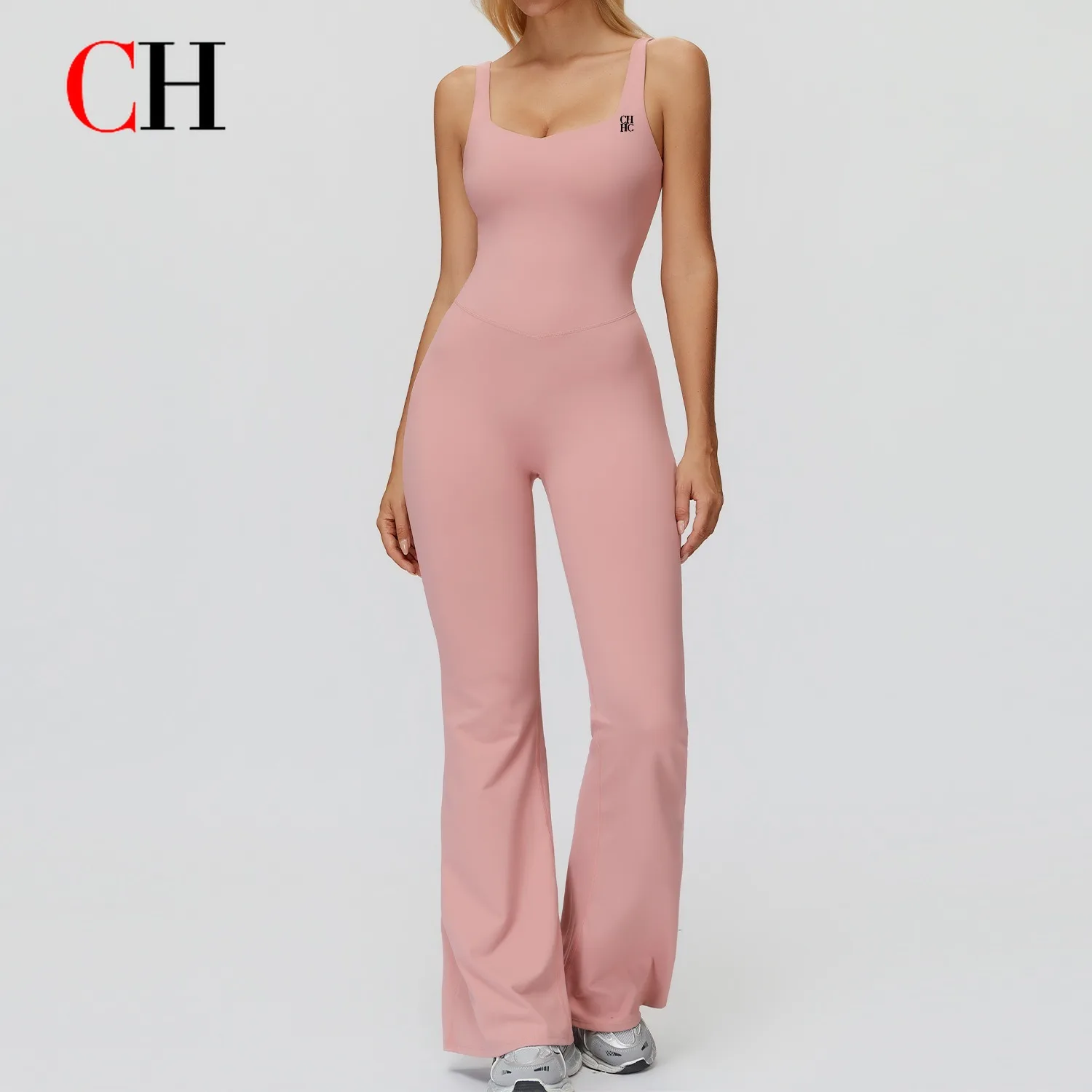 CH Brushed Yoga Wear Thin Strap Cross Back Flared Wide Leg Jumpsuit Running Sports Fitness Yoga Wear Women