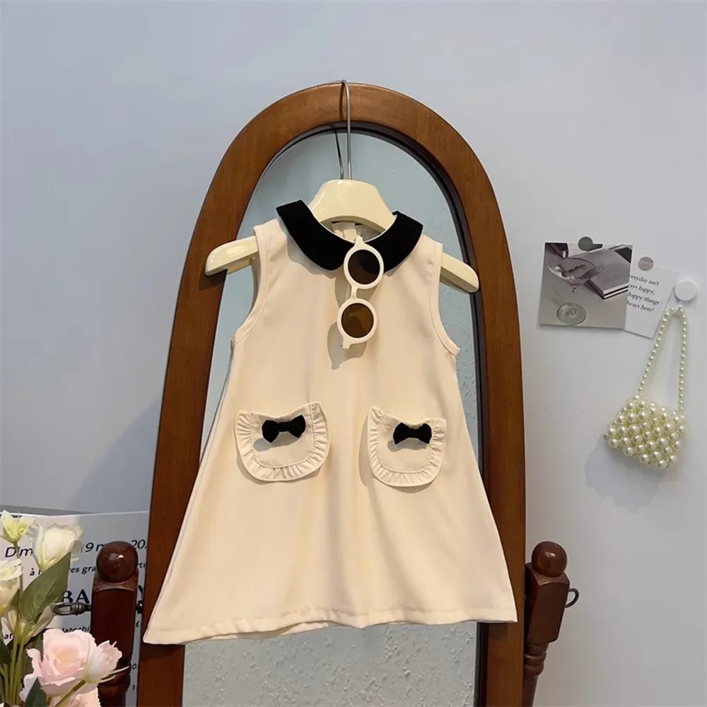 Korean Version Solid Color Sweet Girls' Dress Doll Collar Bow Decoration Pocket Sleeveless Summer New Kids Clothes