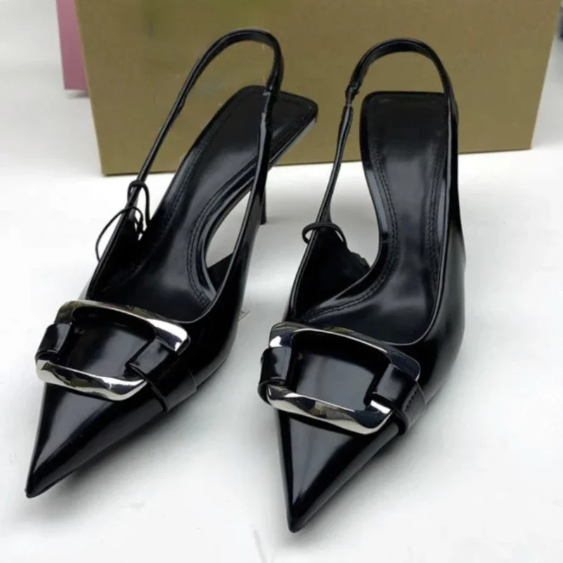 Brand Designer Sexy High Heels Women Metal Buckle Pointed Toe Slingback Sandals Ladies Elegant Office Shoes Thin Heels Sandalias