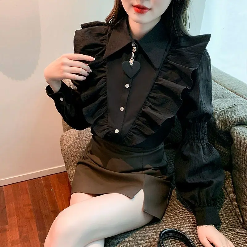 

Design Inspired Shirt Women's New Korean Version Fashionable and Versatile Trendy and Slimming Lotus Leaf Side Length Sleeve Top