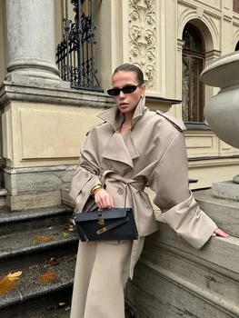 Khaki Lace Up Windbreaker 2026 Women Elegant Full Sleeve Button Loose Chic Long Coat 2025 New Office Lady Daily Commute Overcoat 3