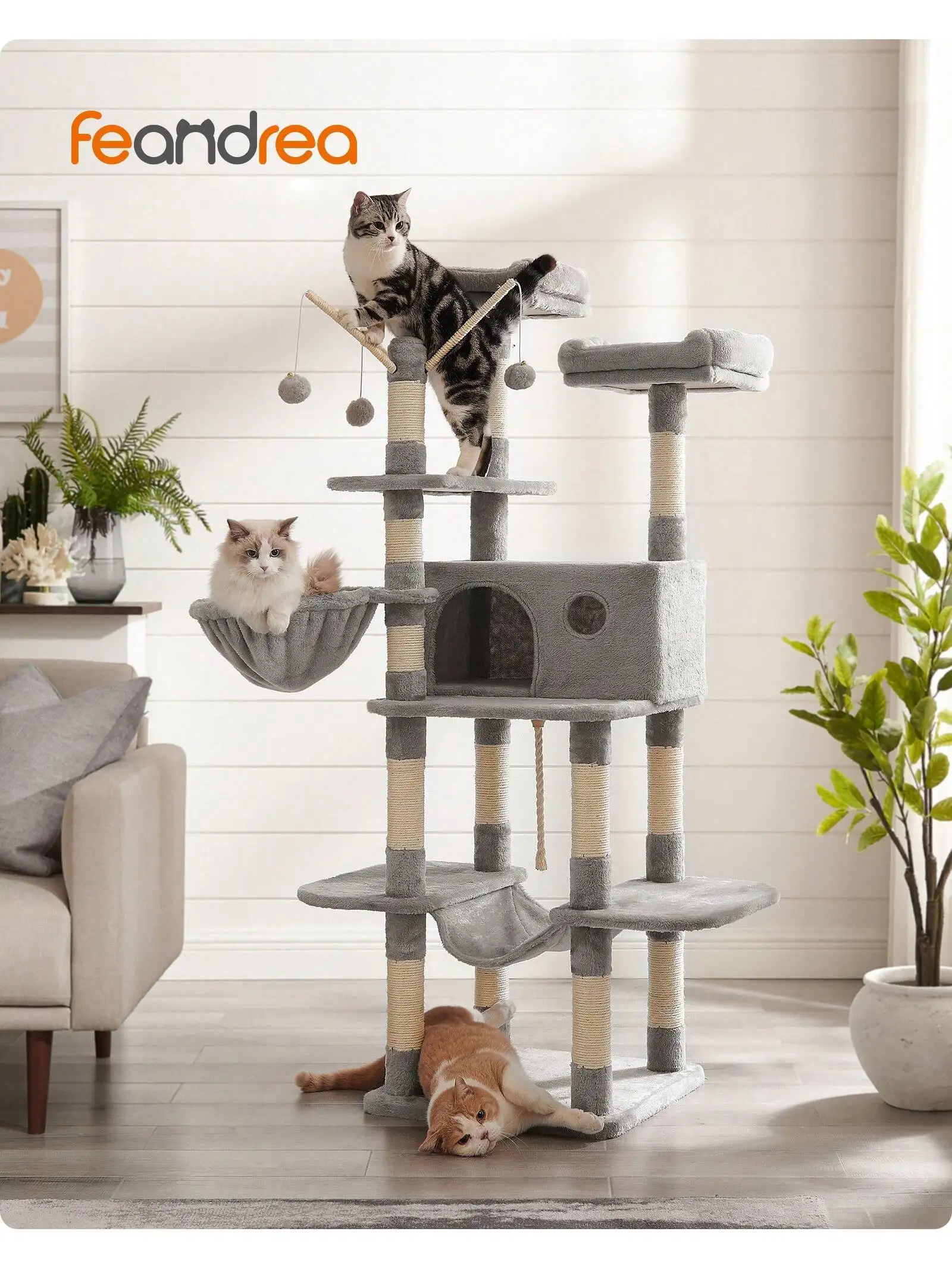 

Feandrea Cat Tree, Large Cat Tower, 64.6 Inches, Cat Activity Center With Hammock, Basket, Removable Fur Ball Sticks, Cat Con