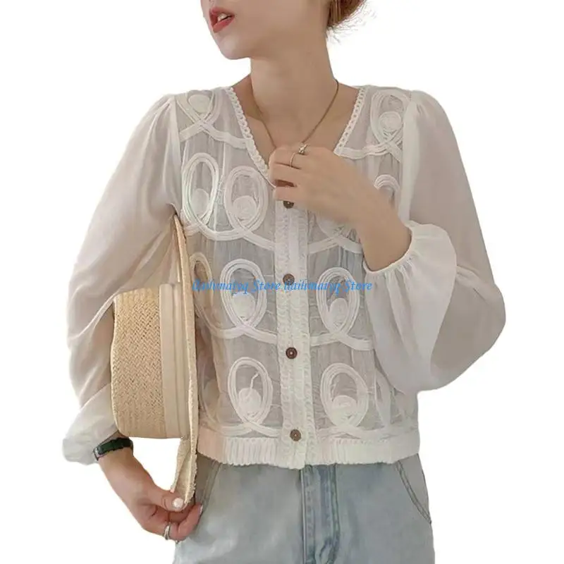 

573B ажурный вязаный крючком кружевной лоскутный кардиган для женщин шифоновый пышный с длинным рукавом с v-образным вырезом на