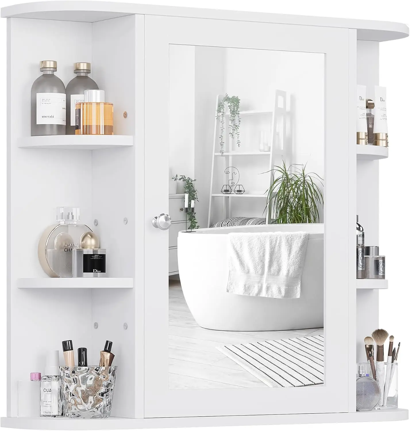 

White Bathroom Wall Cabinet with Mirror, 4 Internal & 6 Open Shelves, Over Toilet Storage