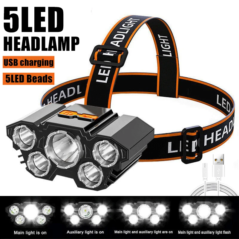 5 LED Powerful Headlamp Strong Light Headlight Built-in 18650 Battery Rechargeable Outdoor Camping Fishing Adventure Flashlight