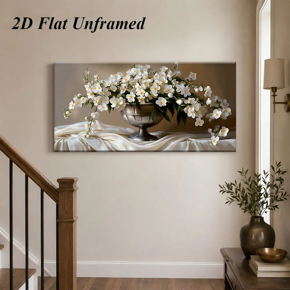 1 elegant white floral decoration painting, modern and simple living room, foyer, bedroom art painting, 2D plan