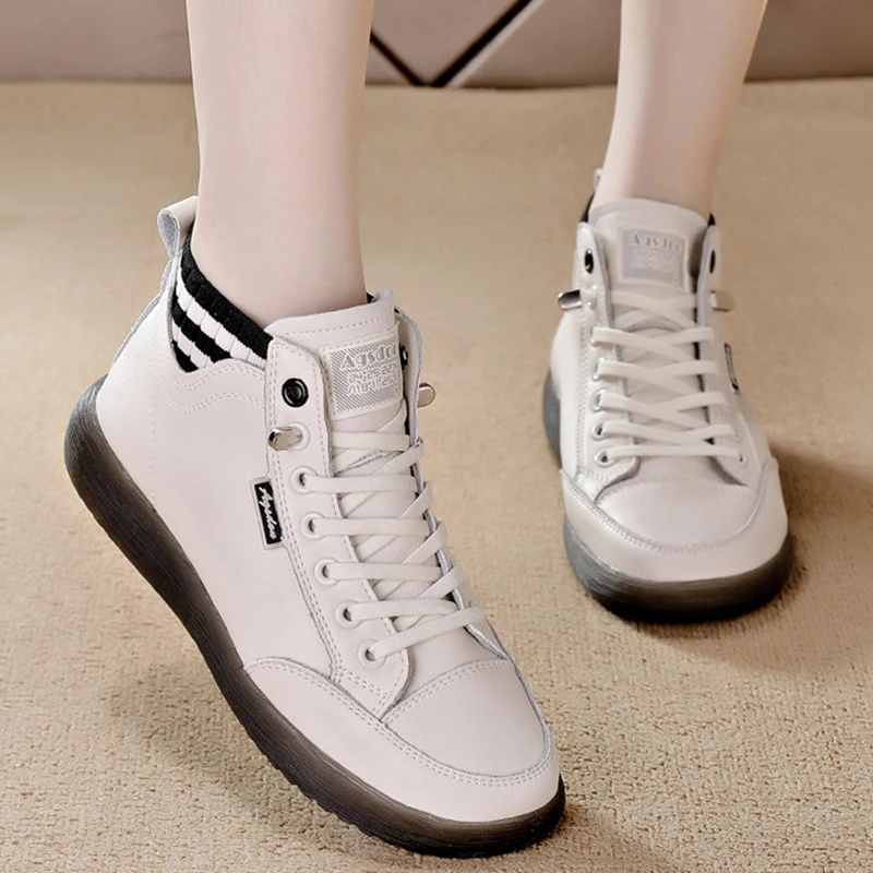 High-top Shoes for Women Autumn and Winter New Flat Bottom Elastic Band Women Sneaker Casual Lace Up Pu Leather Vulcanized Shoes